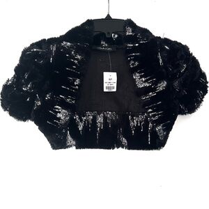 Black Fluffy Silver Sequin Bolero Jacket Shrug Sparkly Small Furry Fuzzy Formal